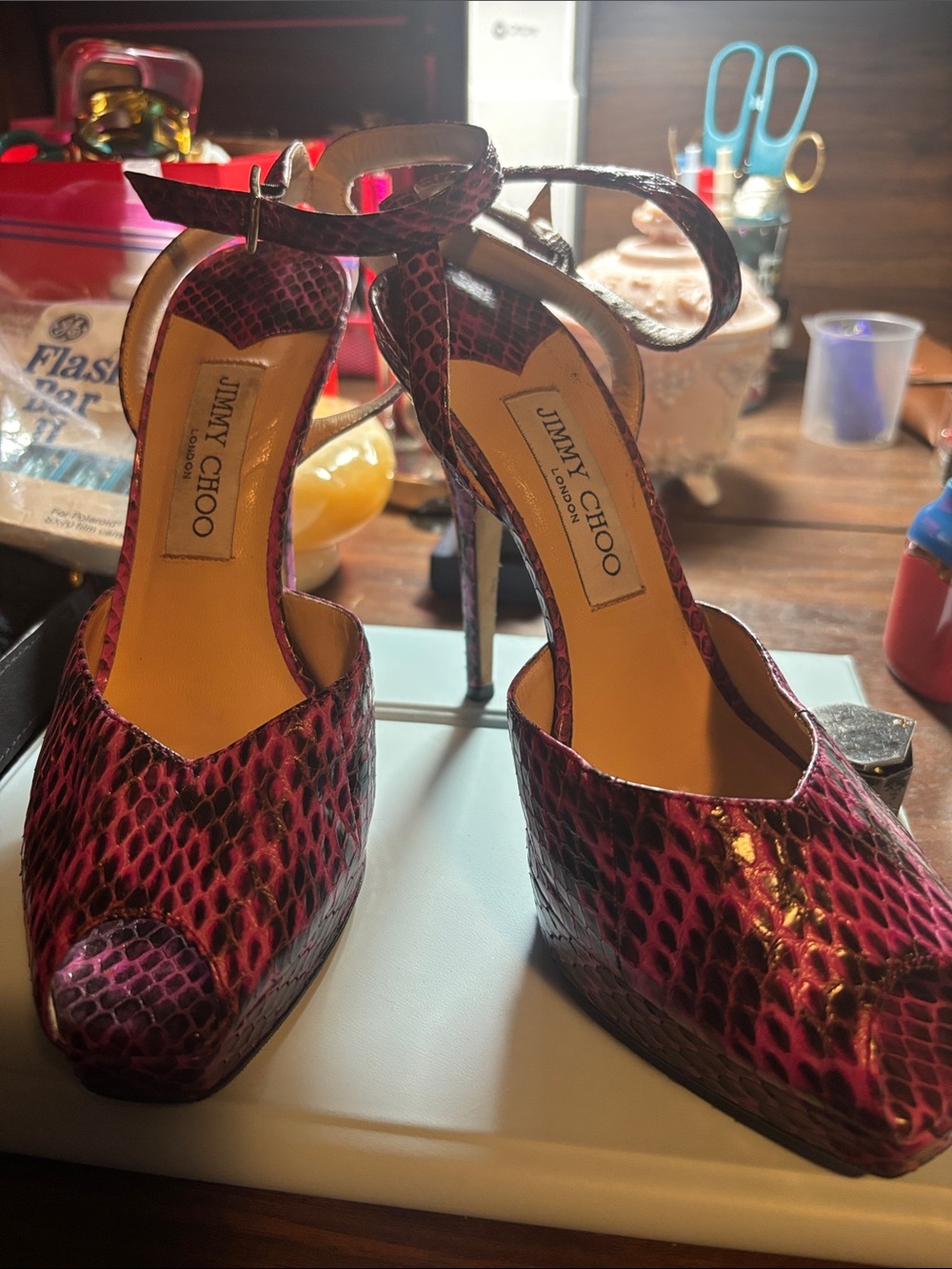 Jimmy Choo Hot Pink Snakeskin Platform Ankle-Strap Heels